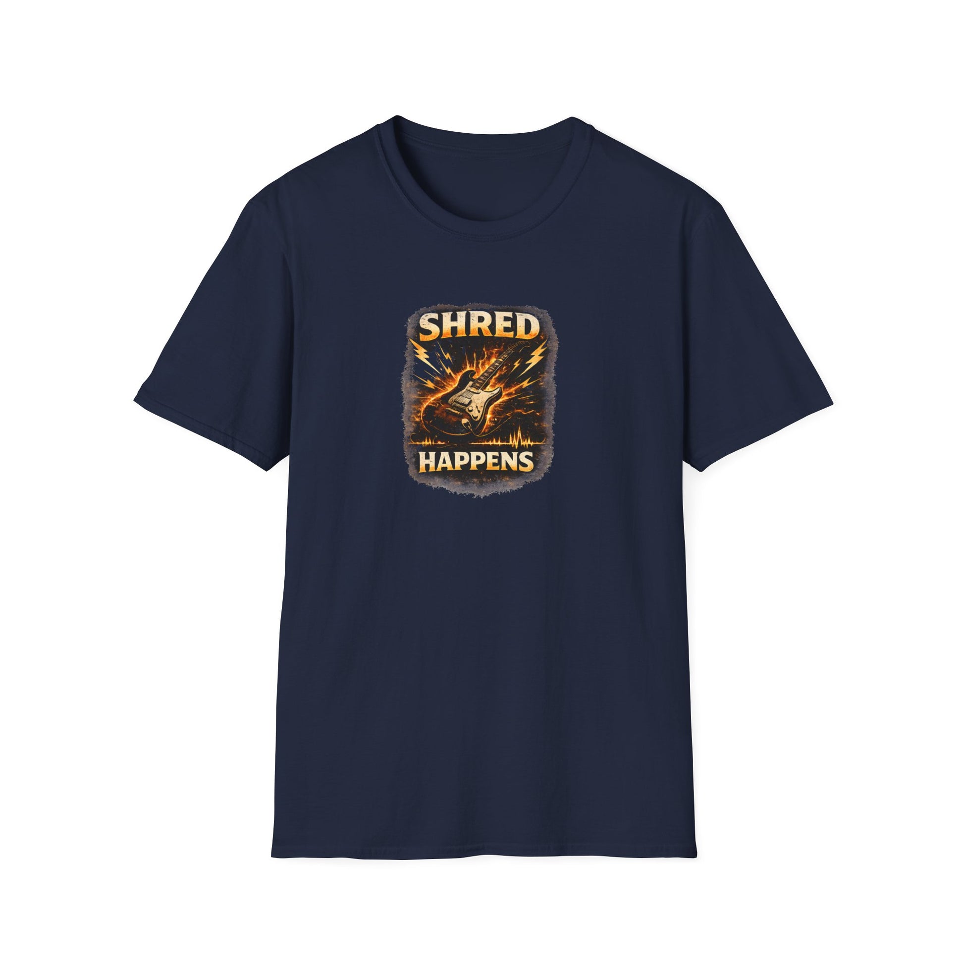 Shred Happens funny guitar player rock music t shirt design