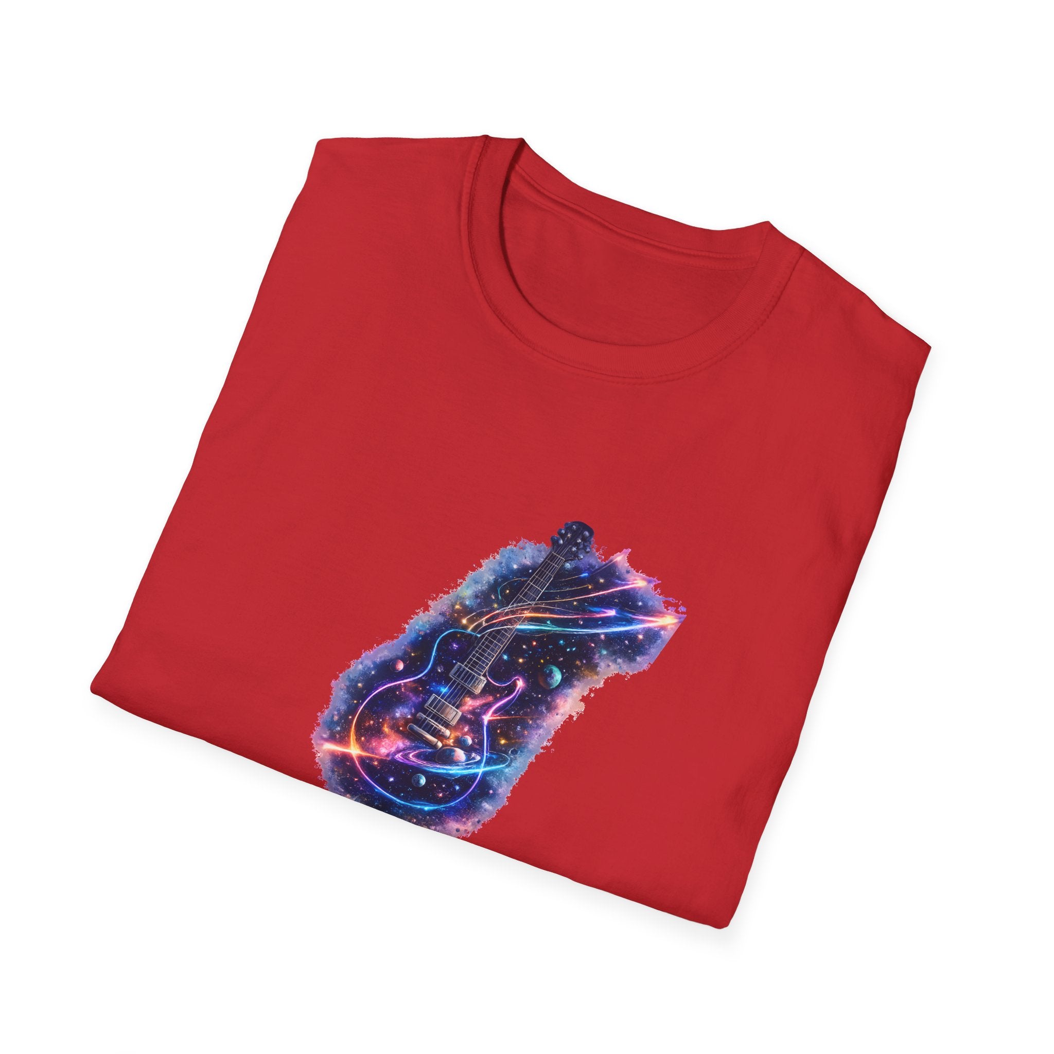 Cosmic guitar design with galaxy planets stars and neon shooting star strings for music lover t shirt