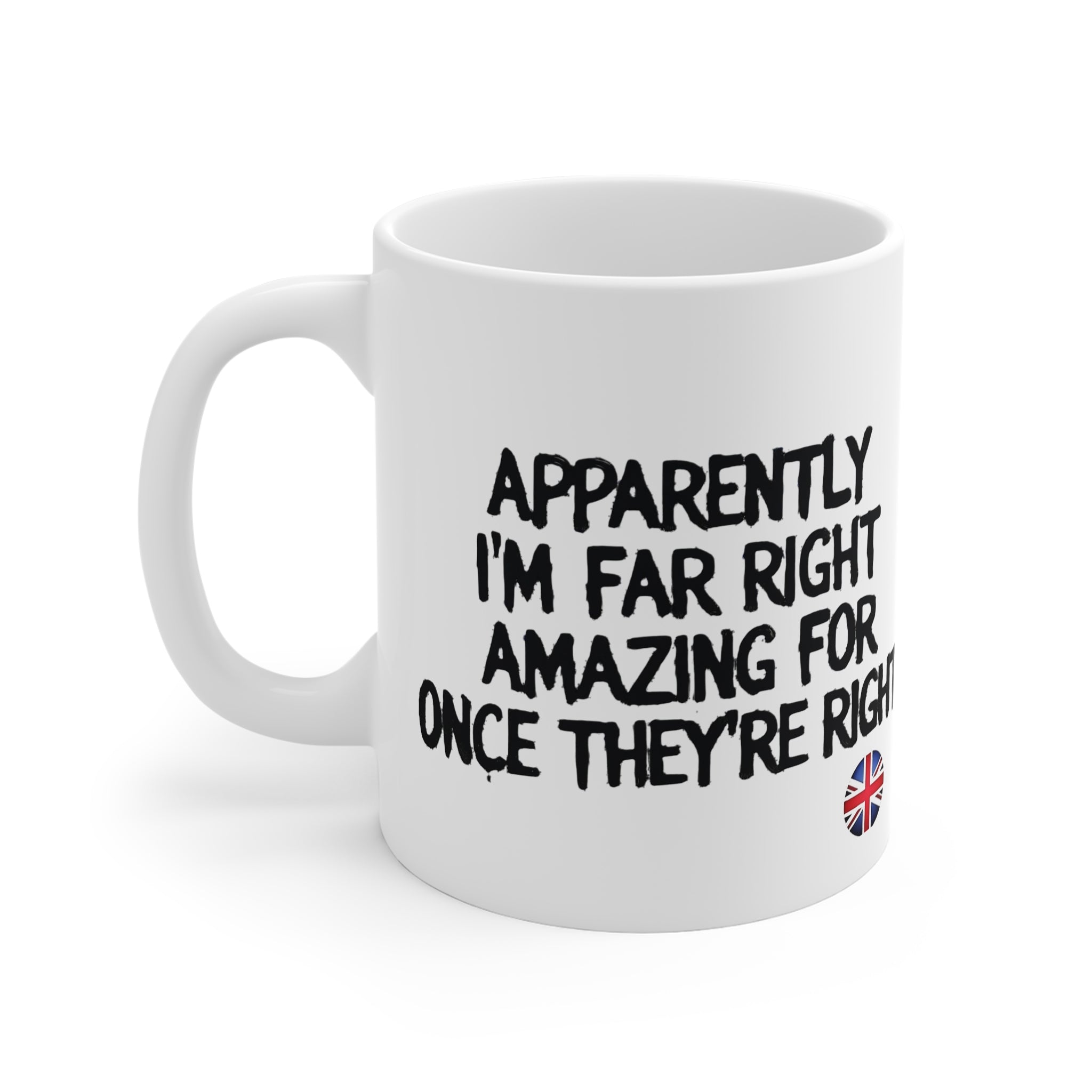 Apparently I’m Far Right  — Funny British 11oz Coffee Mug Printify