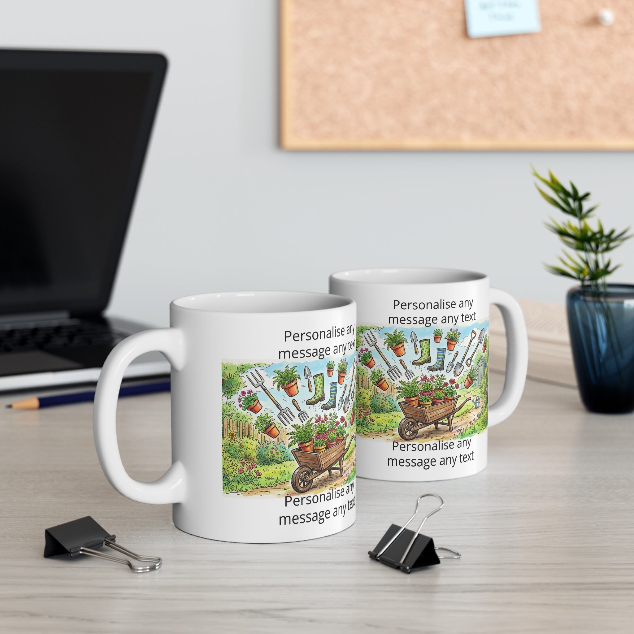 Gardening Mug — Personalised Wheelbarrow & Tools Coffee Cup (Add Your Text) Printify