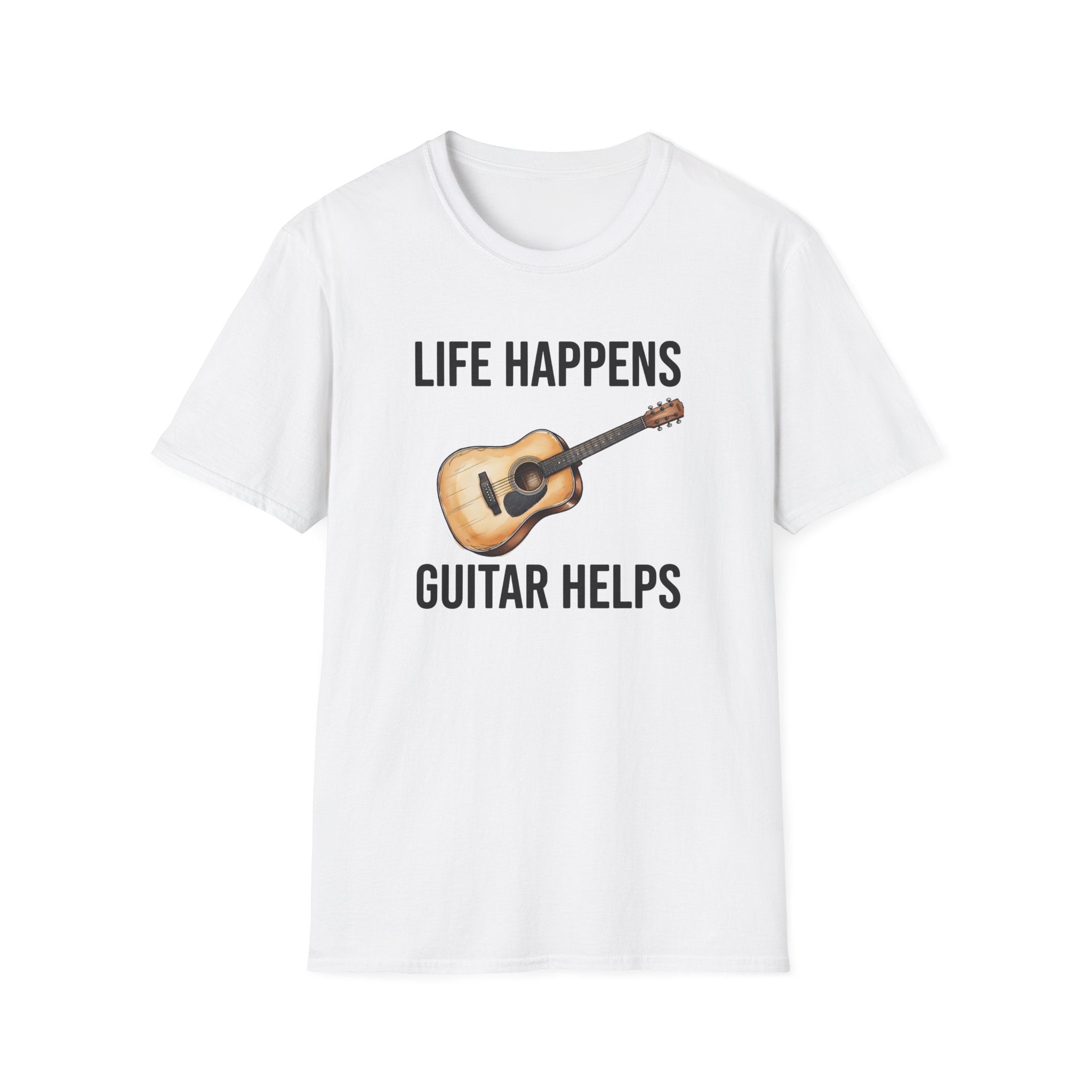 Life Happens Guitar Helps T-Shirt | Funny Acoustic Guitar Player Tee | Musician Gift 