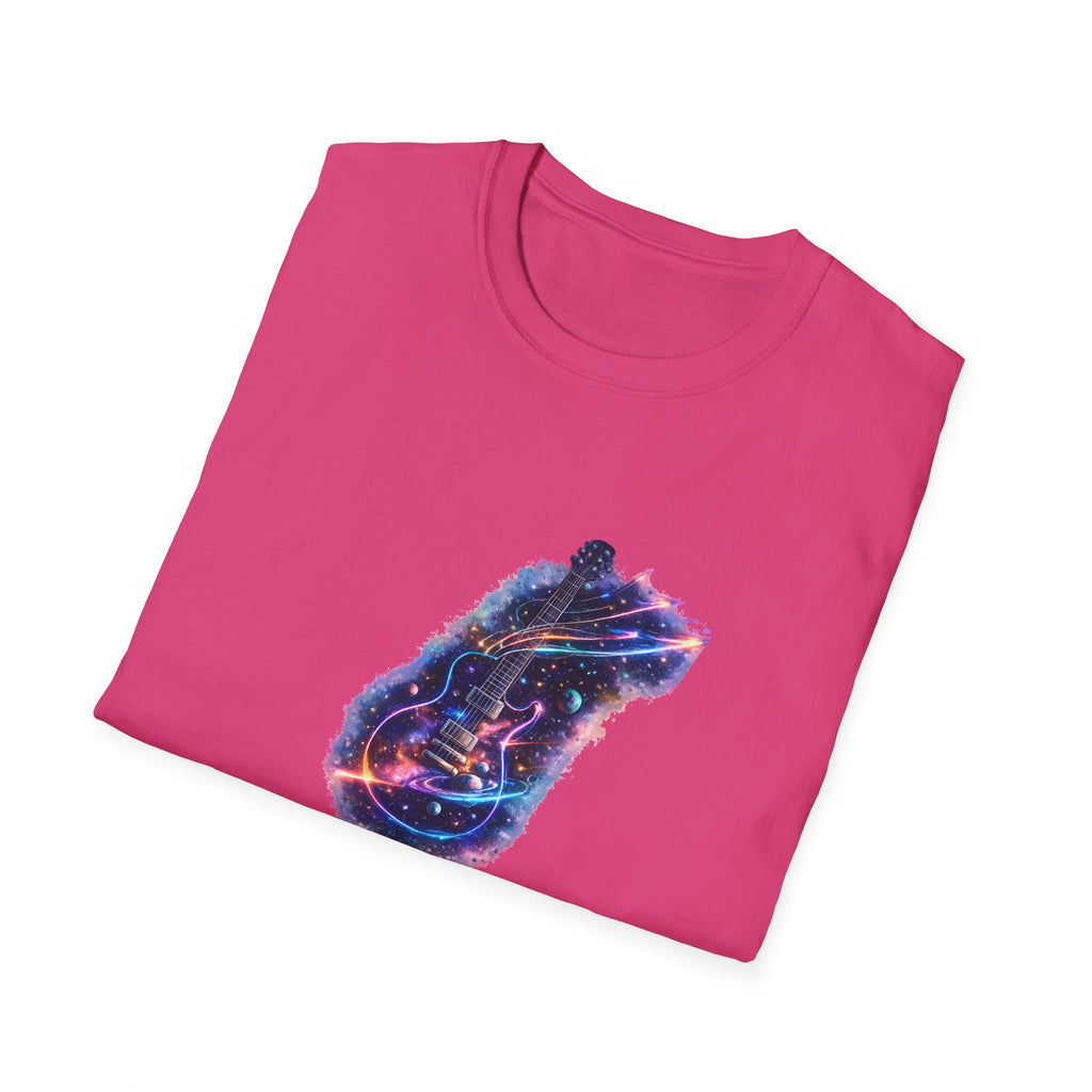 Cosmic guitar design with galaxy planets stars and neon shooting star strings for music lover t shirt