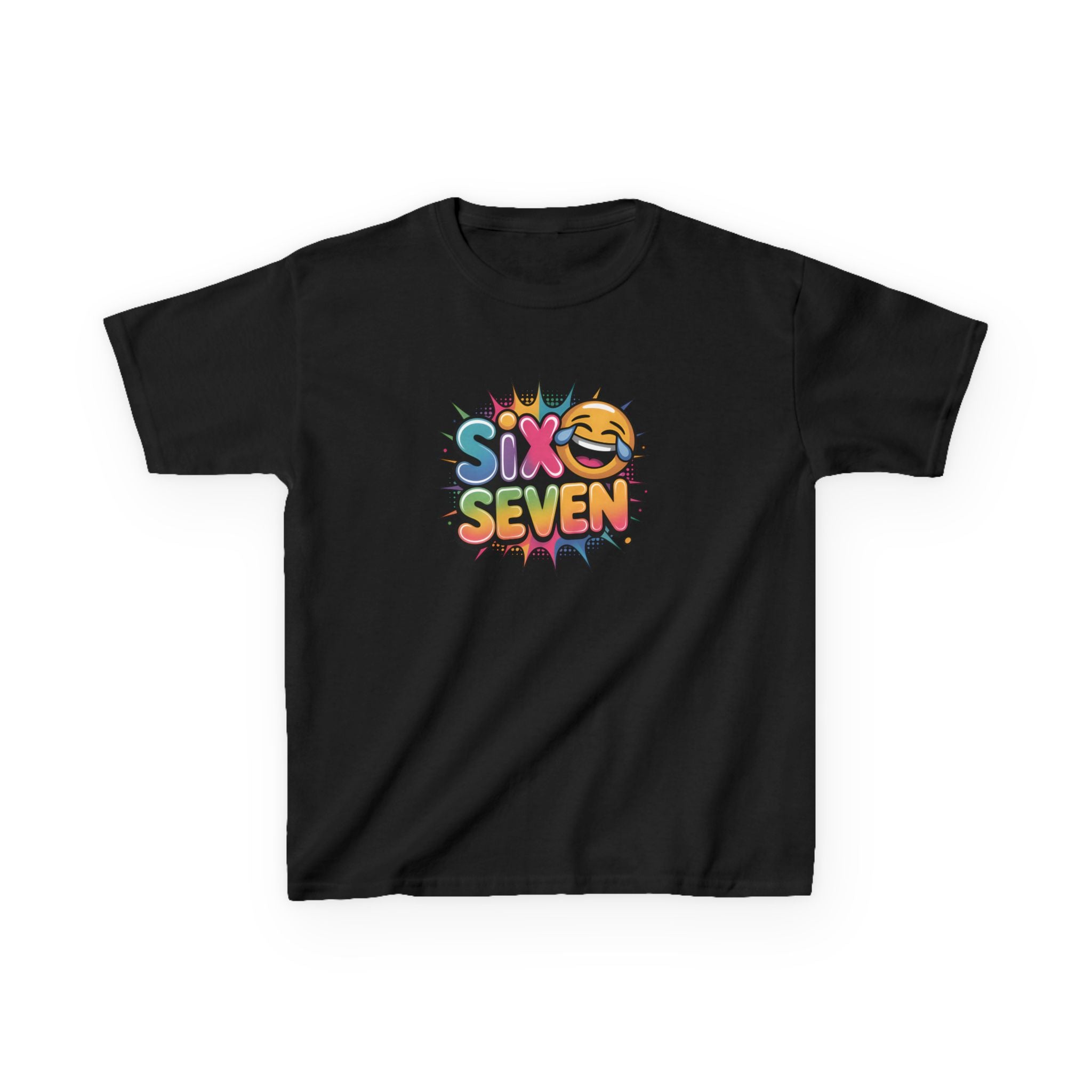Black t-shirt with colorful 'Six Seven' design on a white background