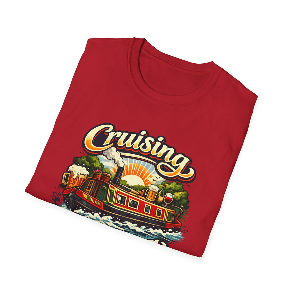 Folded red t-shirt with 'Cruising' graphic design on a white background