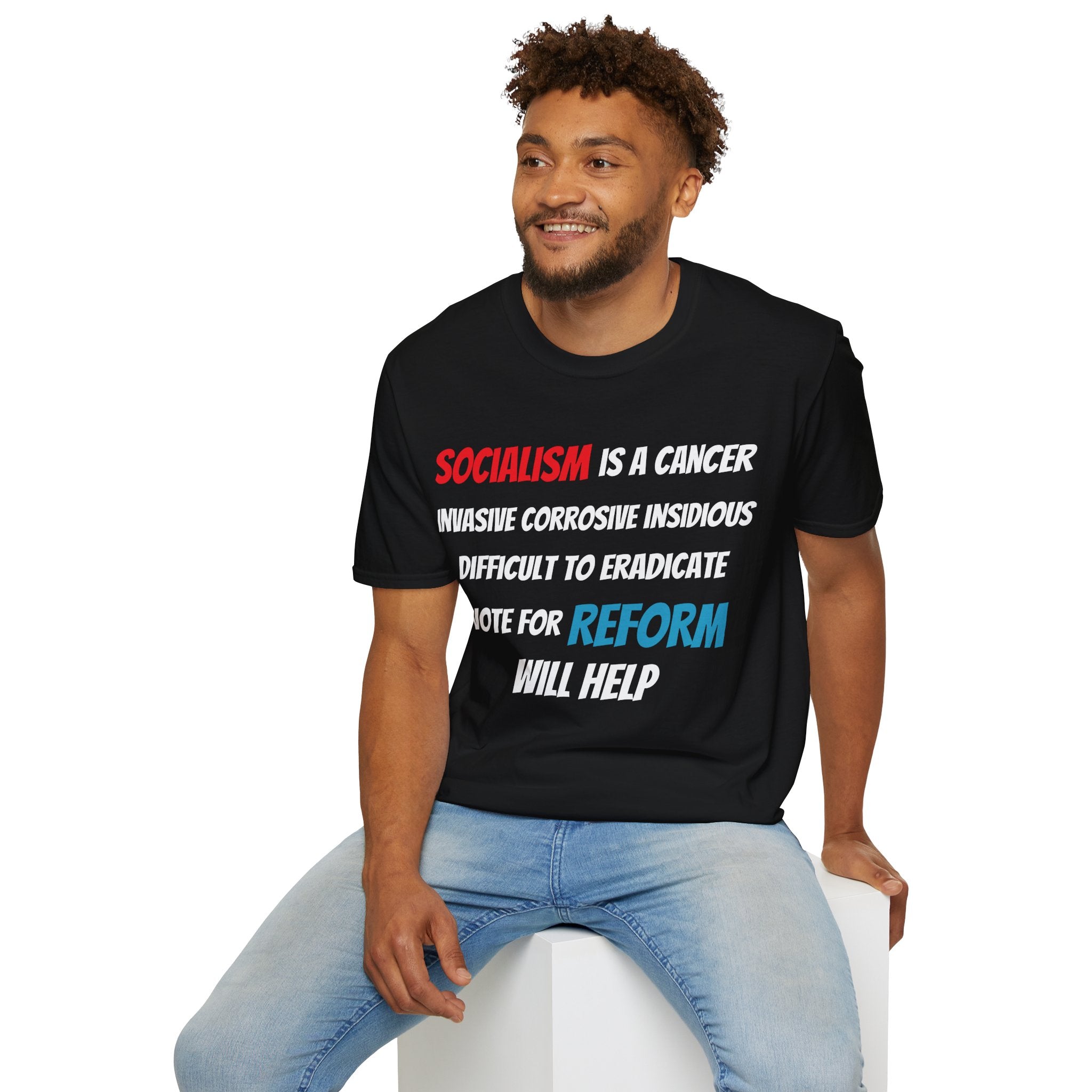 Man wearing a black t-shirt with a political message on a white background