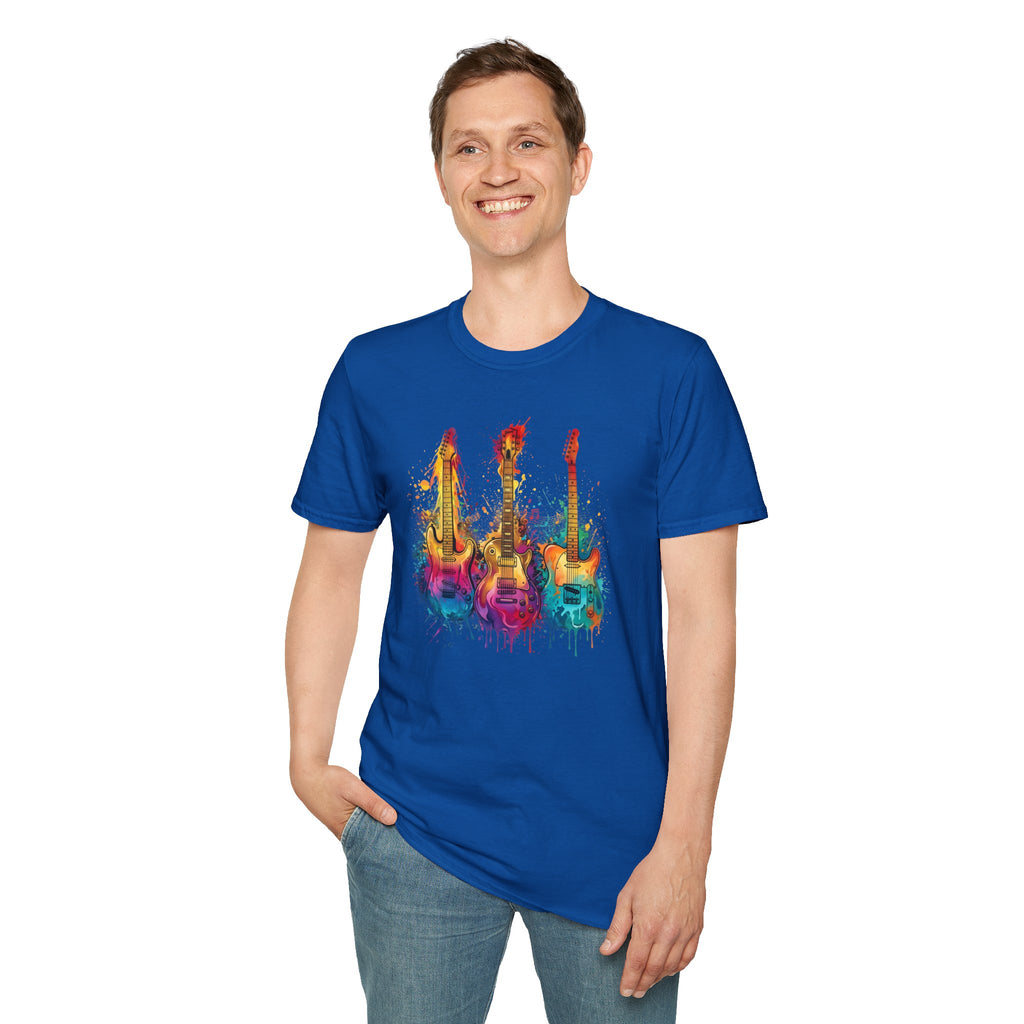 Vivid Paint Splash Design Three Guitars Trio T-Shirt — Colourful  Musical Instrument Tee