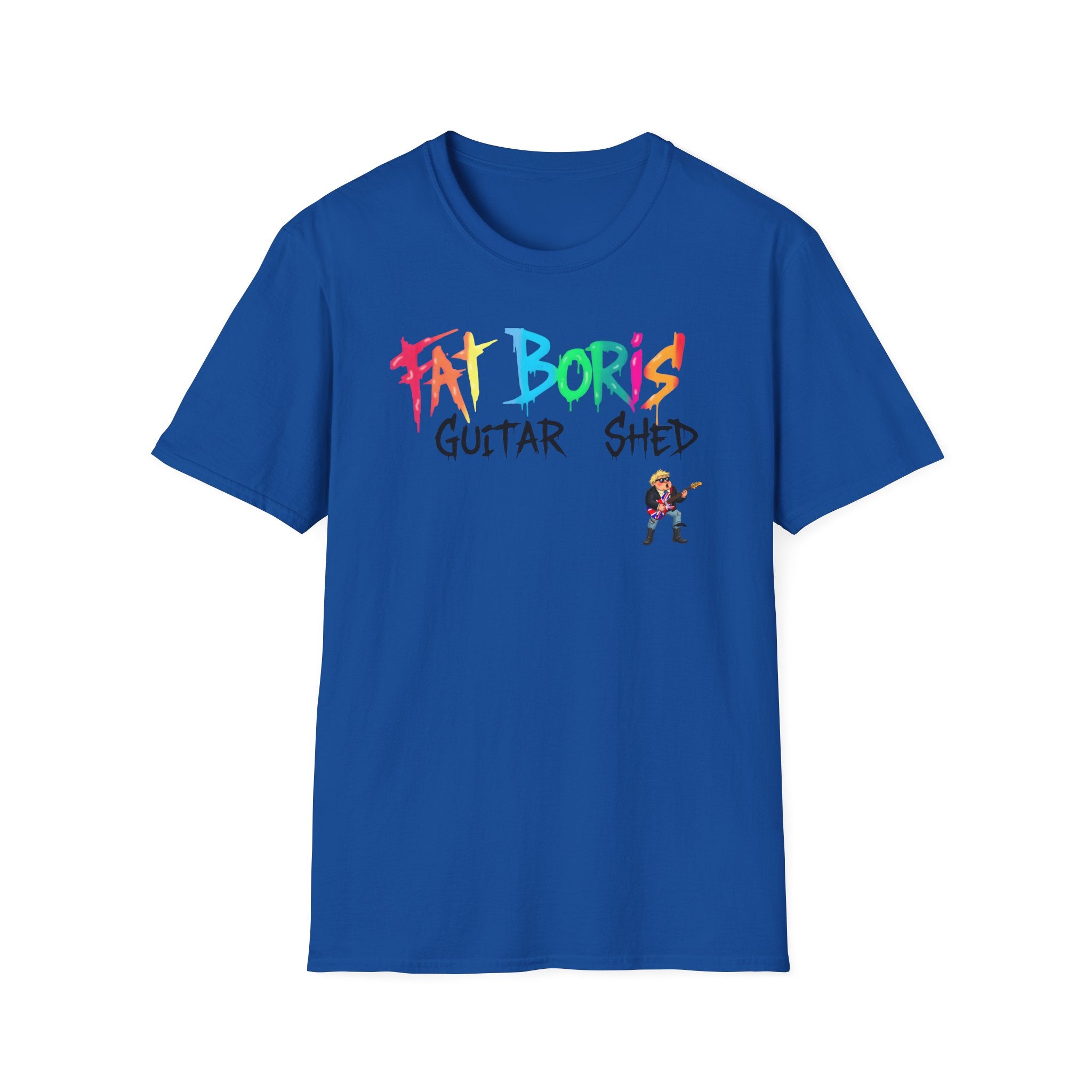 Blue t-shirt with 'Fat Boris Guitar Shed' text and graphic on a white background