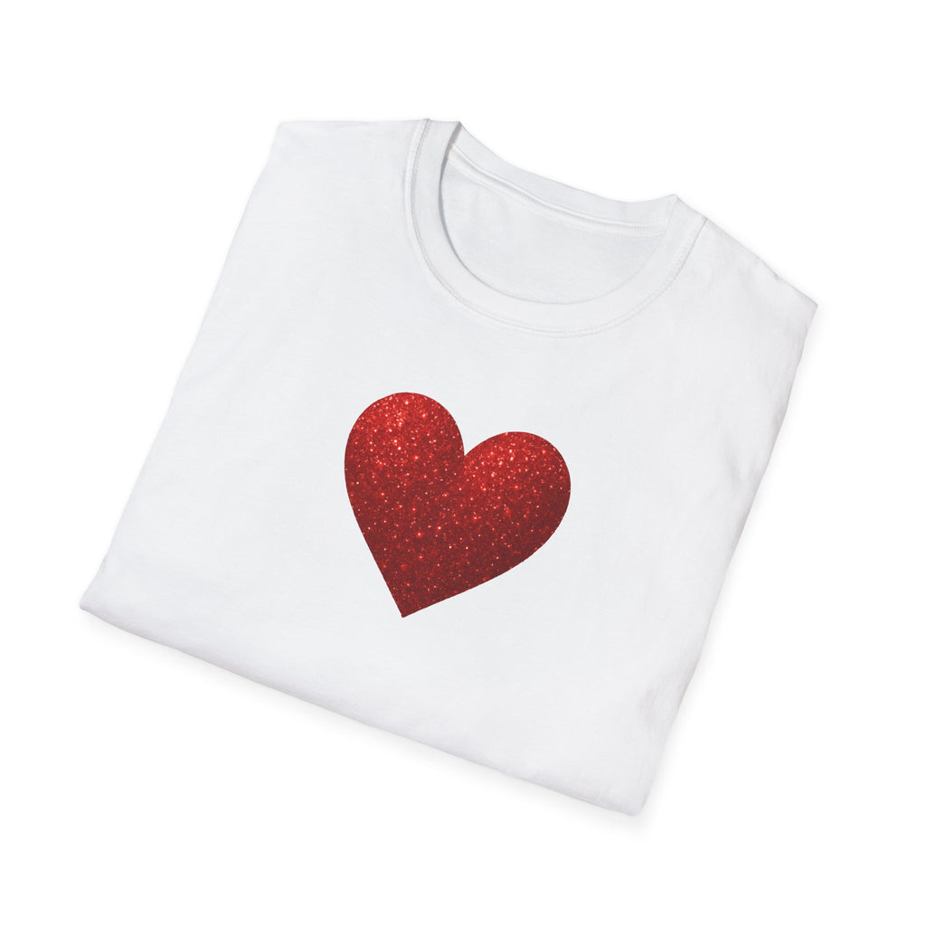 White t-shirt with a red heart design on a white background