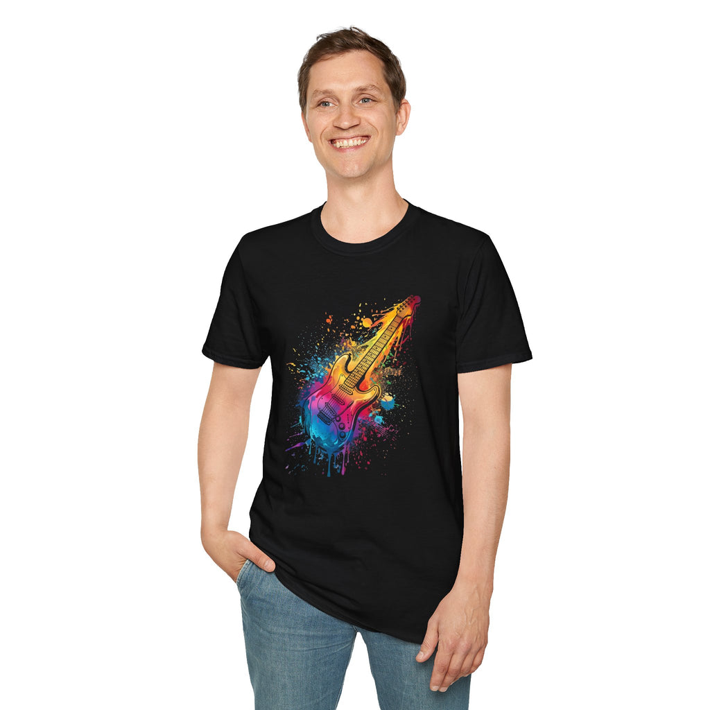 Person wearing a black t-shirt with a colourful graphic guitar design on a white background 