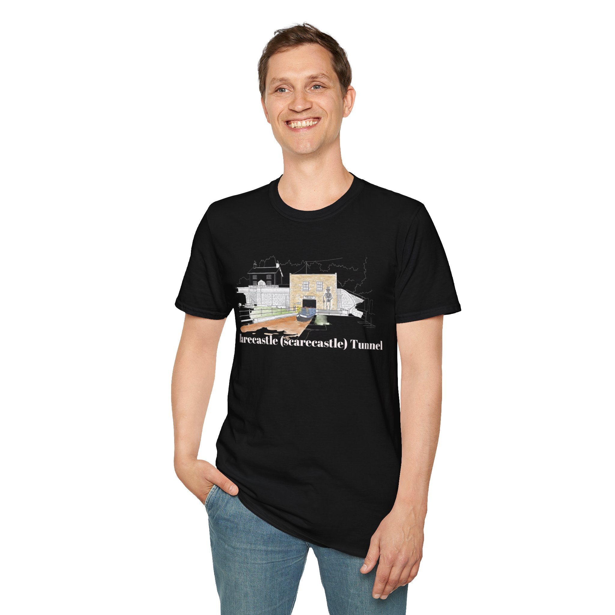 Harecastle  (Scarecastle) Tunnel illustration T-Shirt — Vintage canal narrowboat Tee Printify