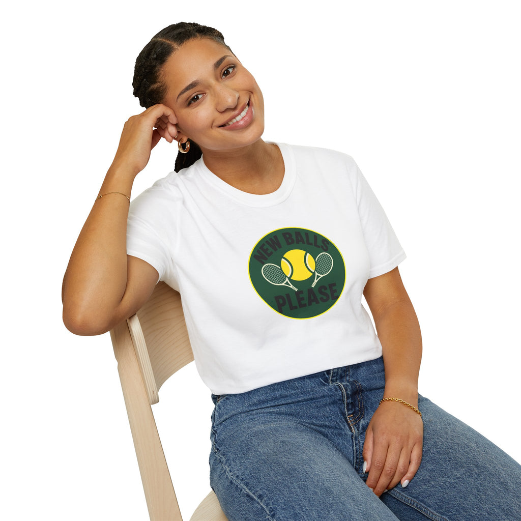 Person wearing a white t-shirt with a graphic design sitting on a chair.