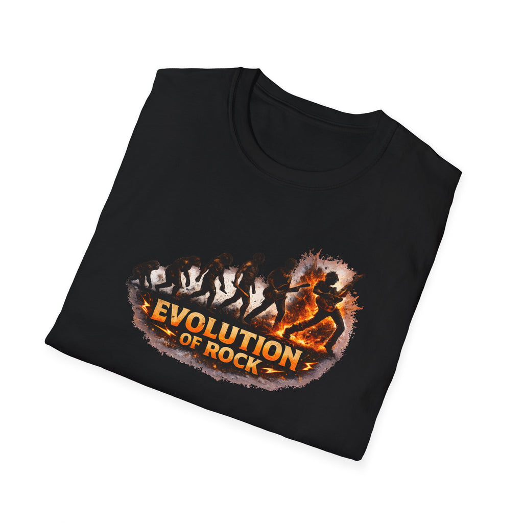 Black t-shirt with 'Evolution of Rock' graphic design on a white background