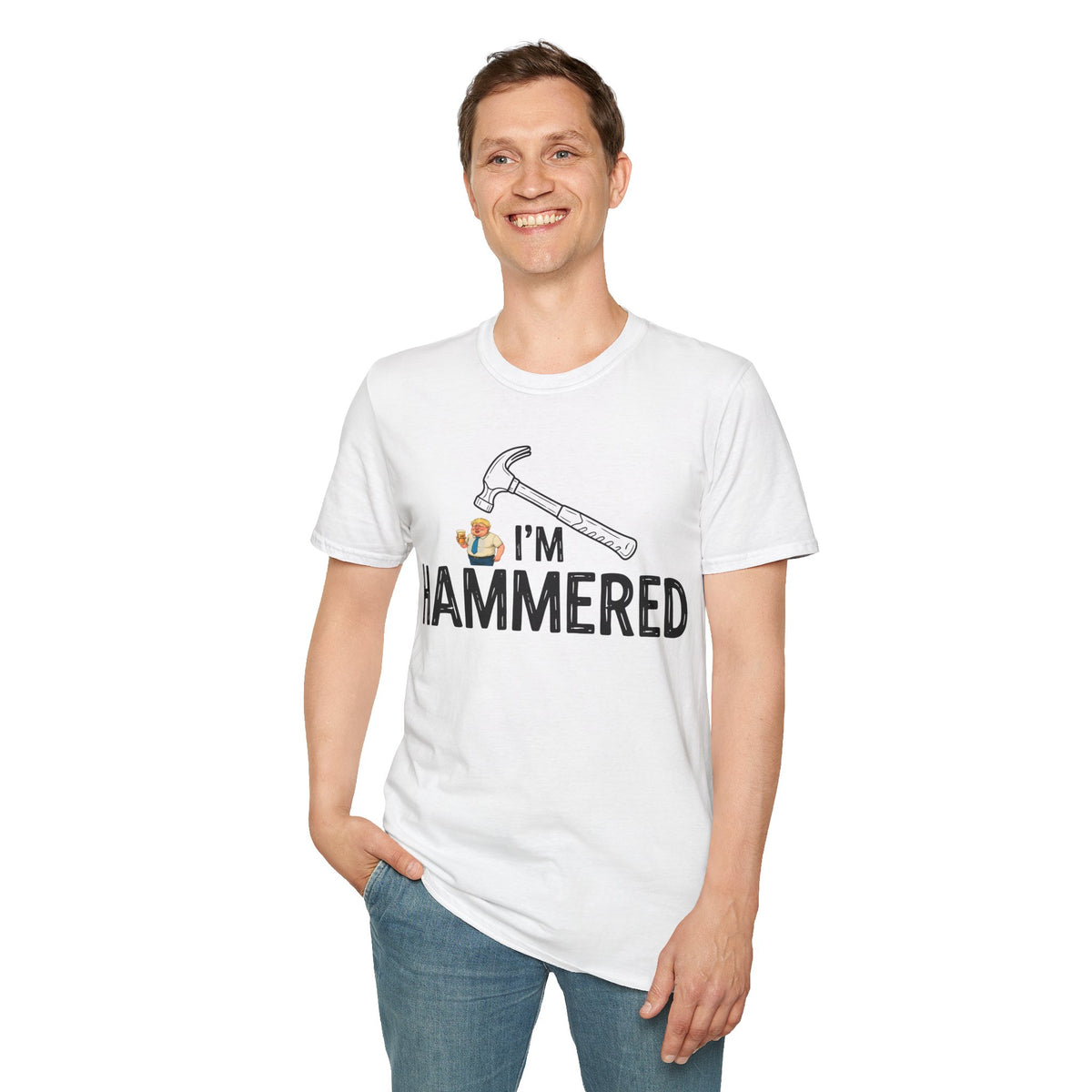 Person wearing a white t-shirt with I'm hammered  a white background