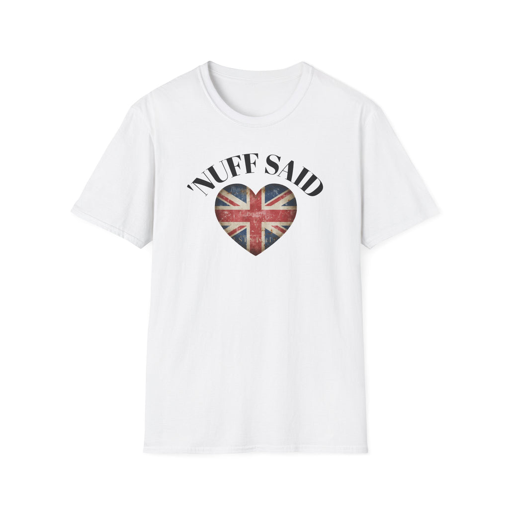 White t-shirt with 'Nuff Said' graphic featuring a heart with a Union Jack design on a white background