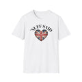White t-shirt with 'Nuff Said' graphic featuring a heart with a Union Jack design on a white background