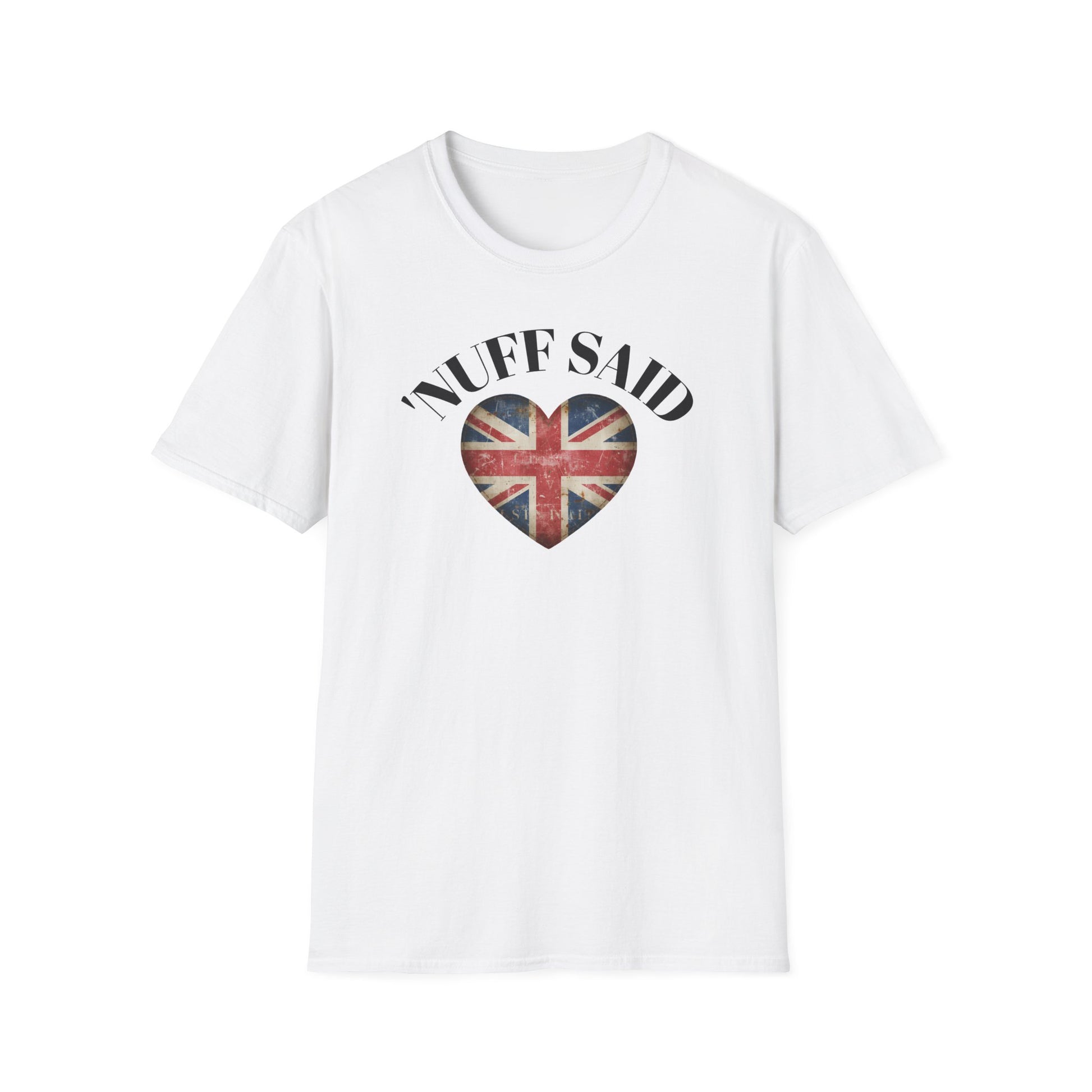 White t-shirt with 'Nuff Said' graphic featuring a heart with a Union Jack design on a white background