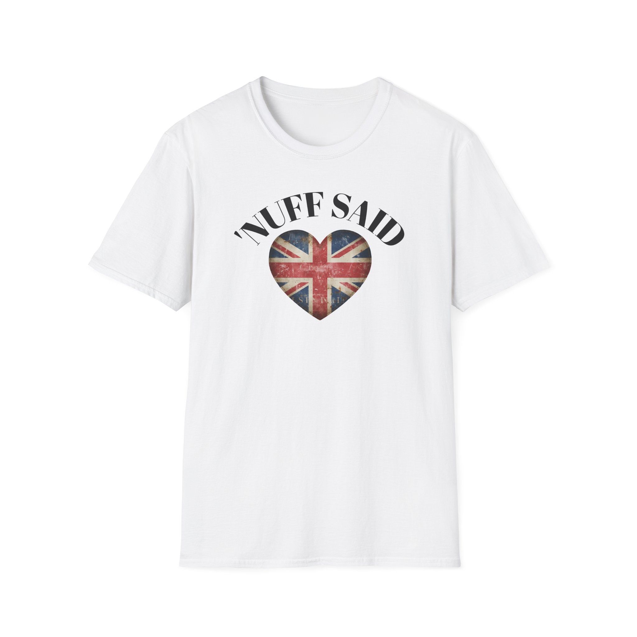 White t-shirt with 'Nuff Said' graphic featuring a heart with a Union Jack design on a white background