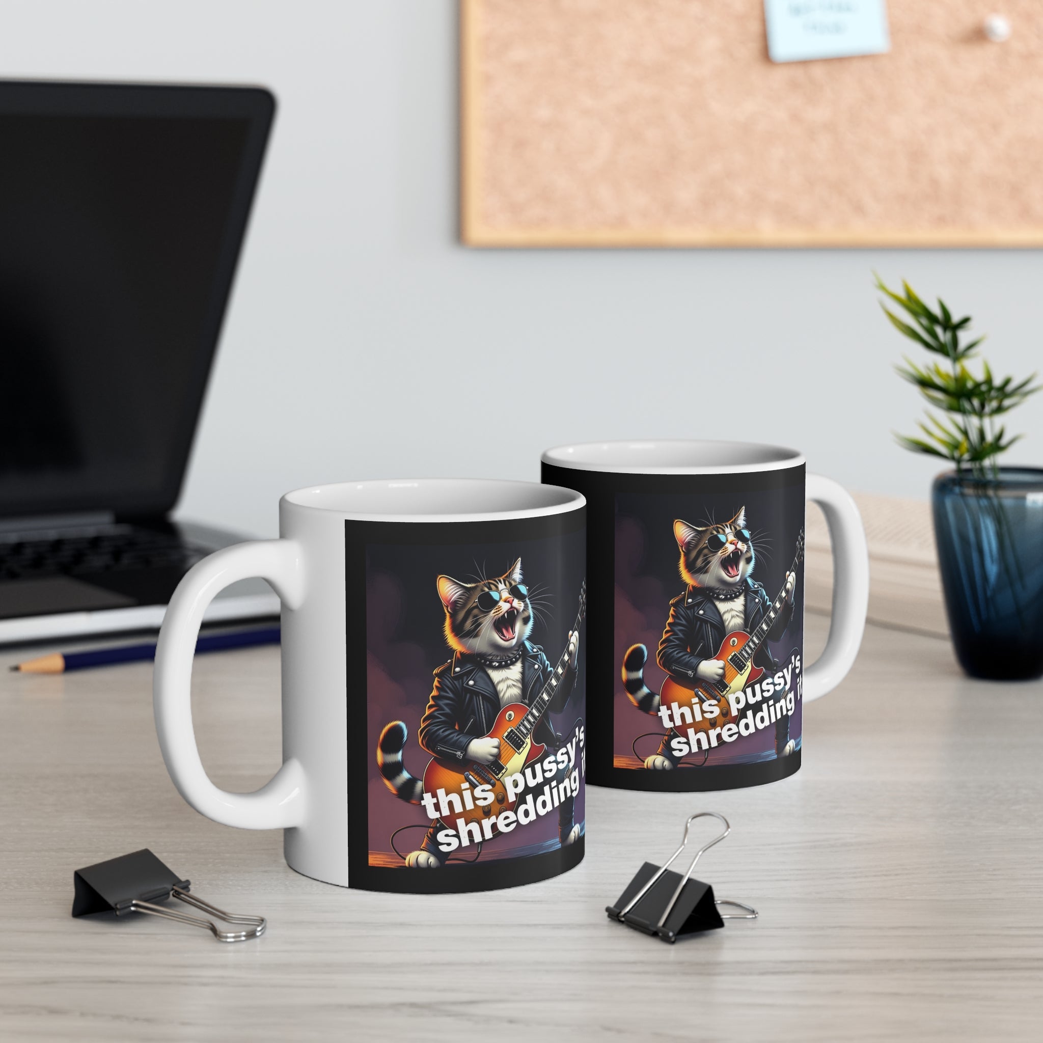 Rock Cat Guitar Mug — "This Pussy's Shredding It" 11oz Coffee Cup 