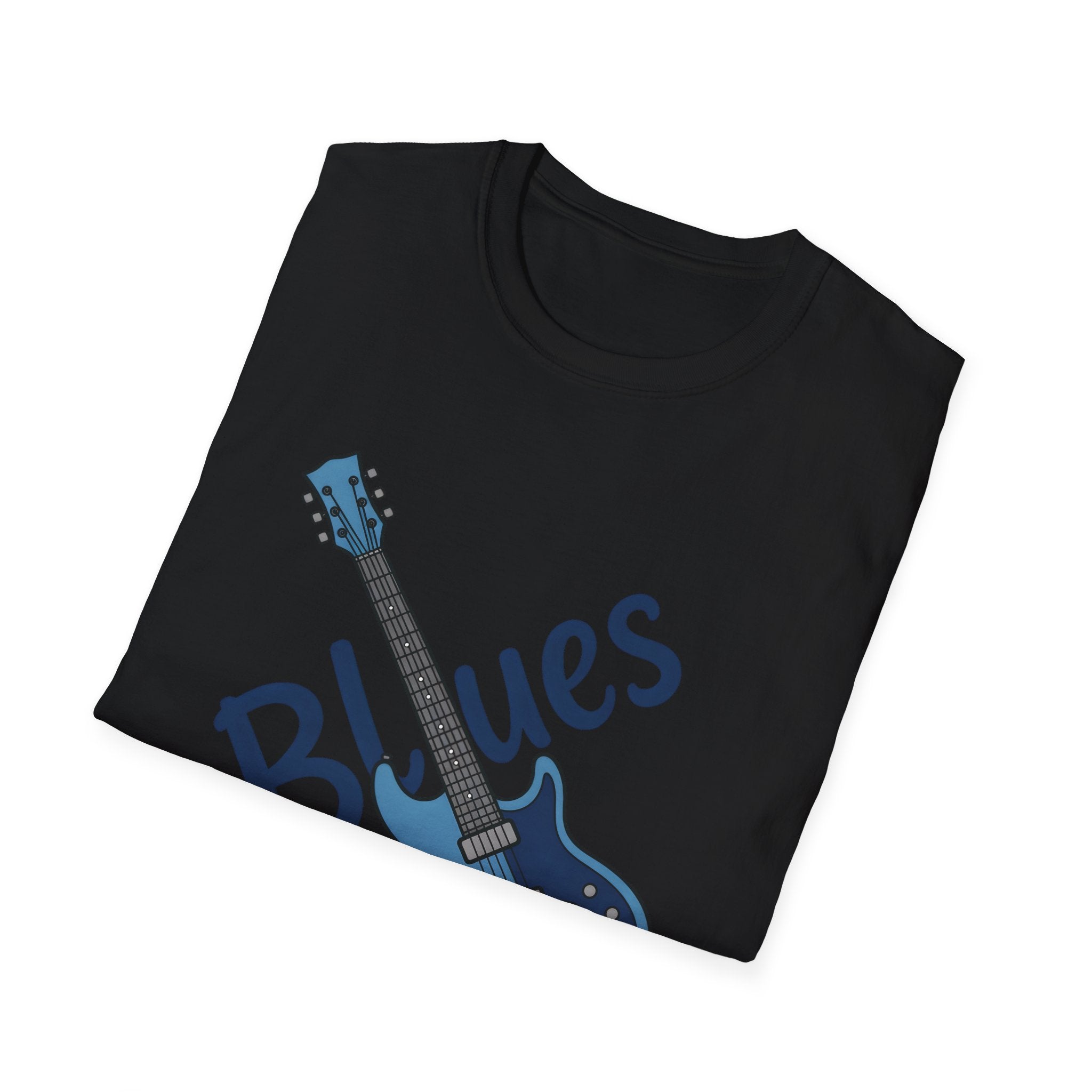 Black t-shirt with blue guitar graphic and 'Blues' text on a white background
