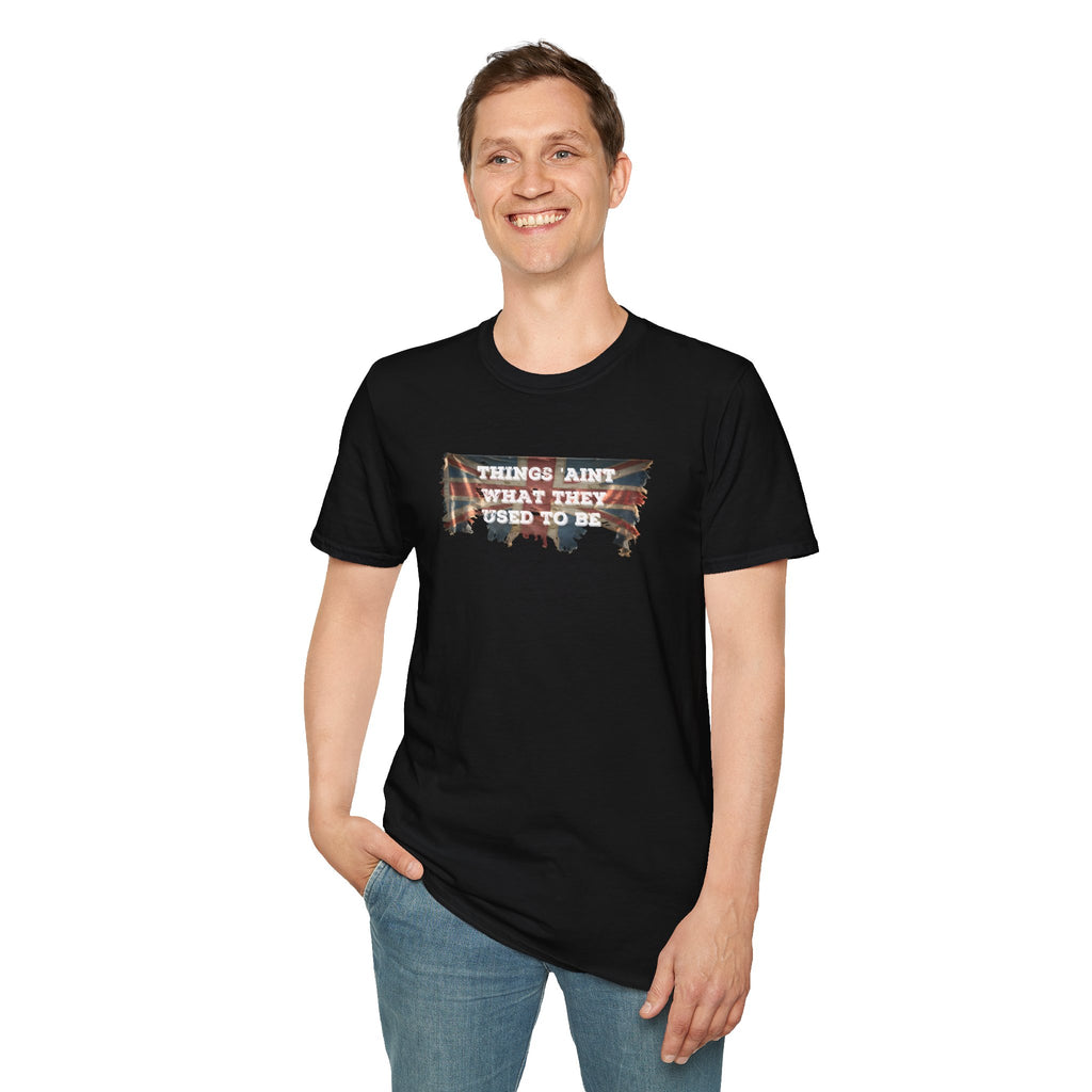Black distressed vintage Union Jack tee that doubles as social commentary. The faded flag design channels retro British nostalgia, while the cheeky slogan "Things Ain't What They Used to Be" 
