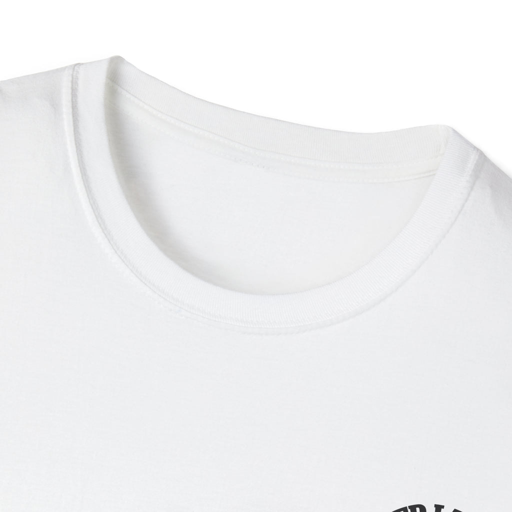 Close-up of a white t-shirt with a logo on a white background