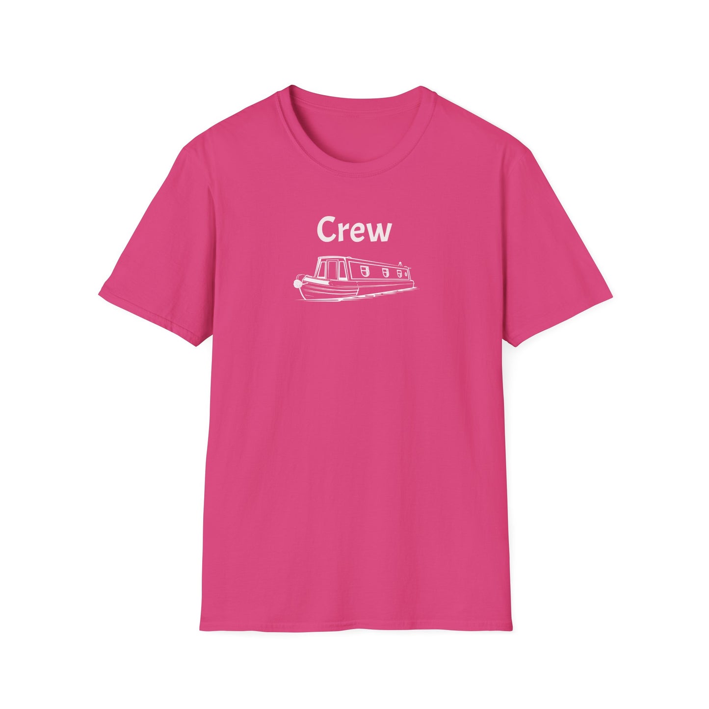 Pink t-shirt with 'Crew' and a boat graphic on a white background