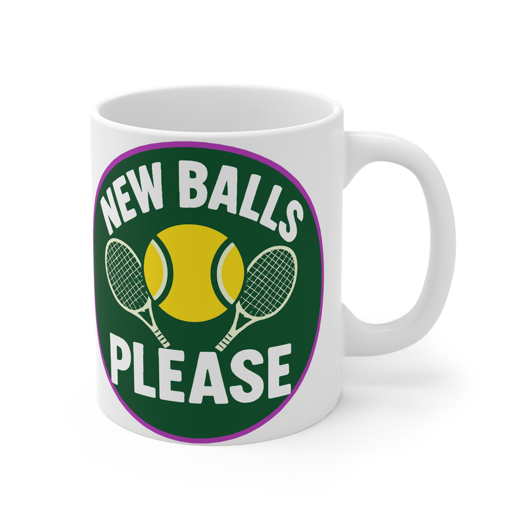 White mug with a green circular design featuring a tennis ball and rackets, and text 'New Balls Please'.