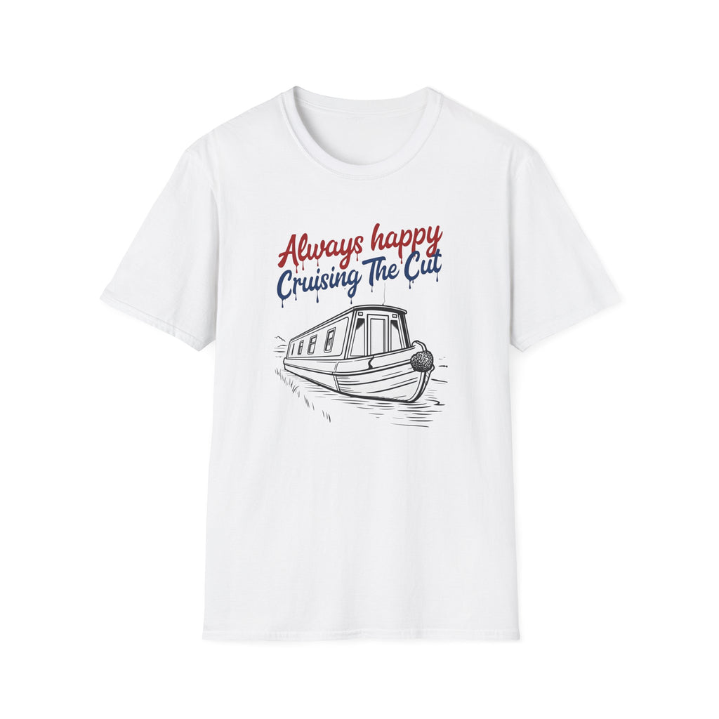 White t-shirt with a boat graphic and text 'Always happy Cruising The Cut' on a white background