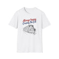 White t-shirt with a boat graphic and text 'Always happy Cruising The Cut' on a white background