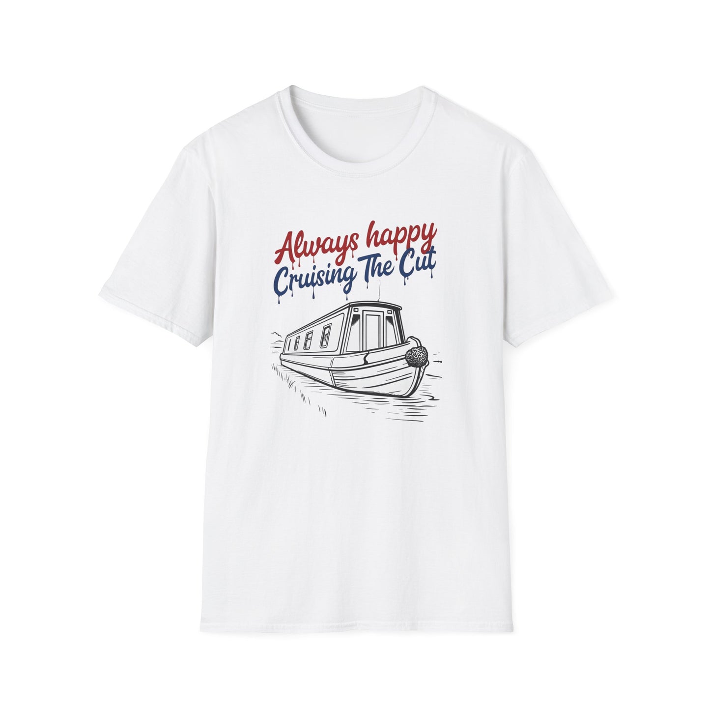 White t-shirt with a boat graphic and text 'Always happy Cruising The Cut' on a white background