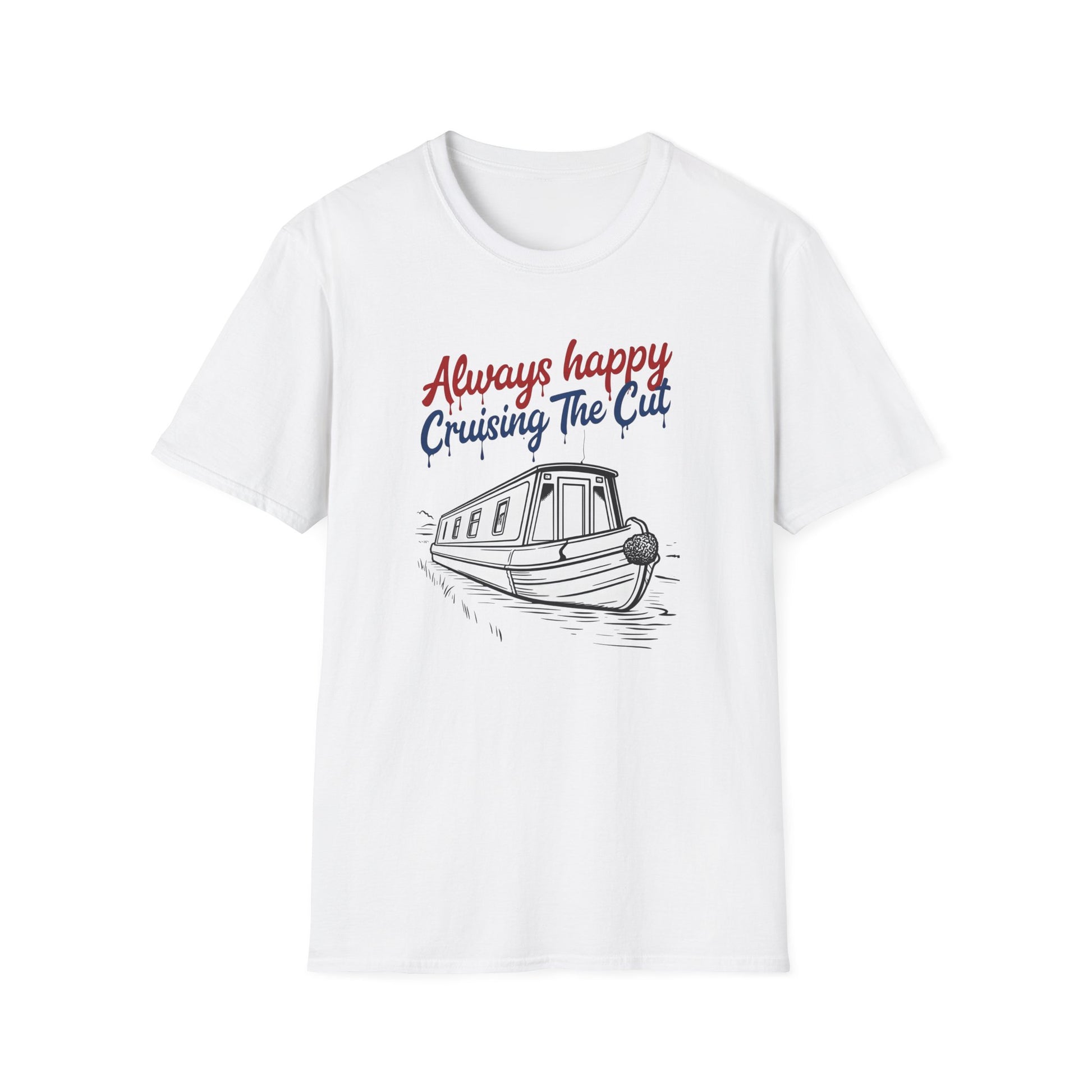 White t-shirt with a boat graphic and text 'Always happy Cruising The Cut' on a white background