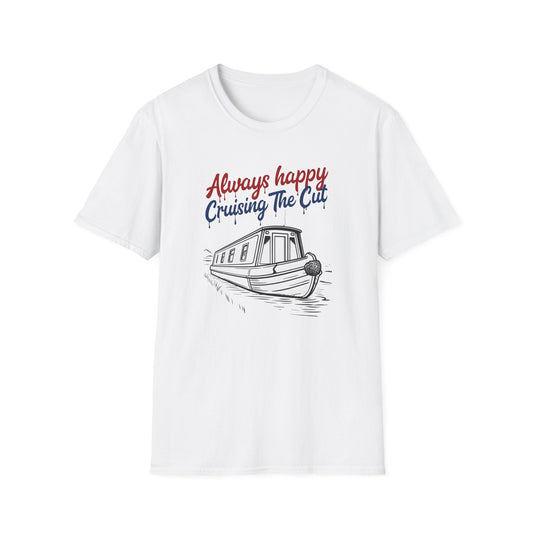 White t-shirt with a boat graphic and text 'Always happy Cruising The Cut' on a white background