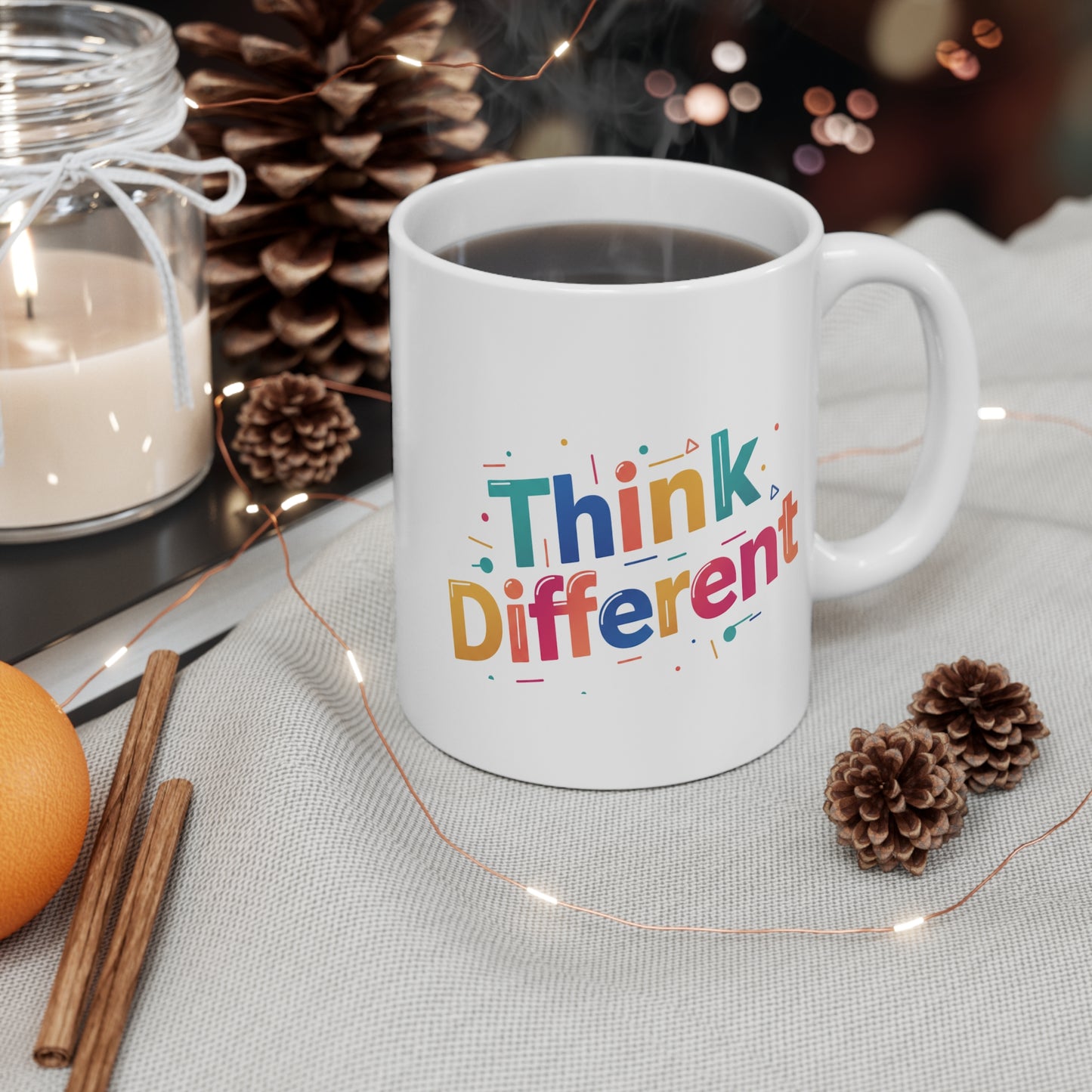 White mug with 'Think Different' text on a table with decorative items