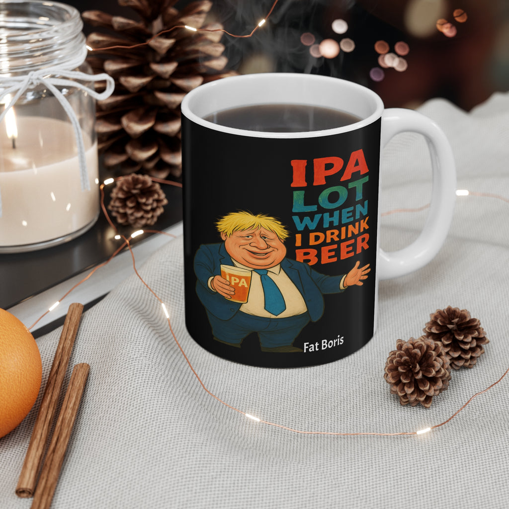 Funny Boris Johnson black Mug — "I PA Lot When I Drink Beer" 11oz Ceramic Coffee Cup