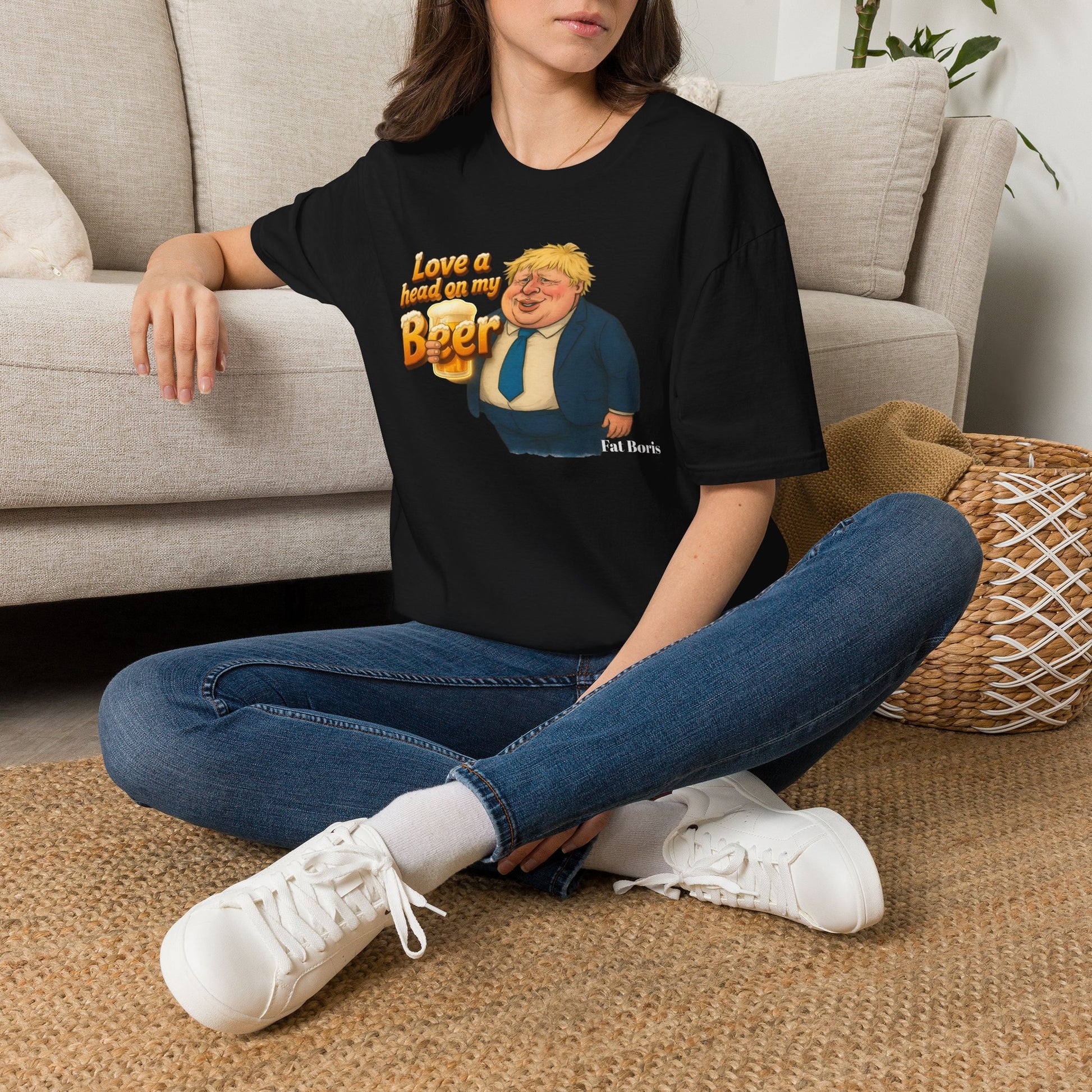 Political Caricature T‑Shirt — "Love a Head on My Beer" Funny Boris Johnson Design Printify