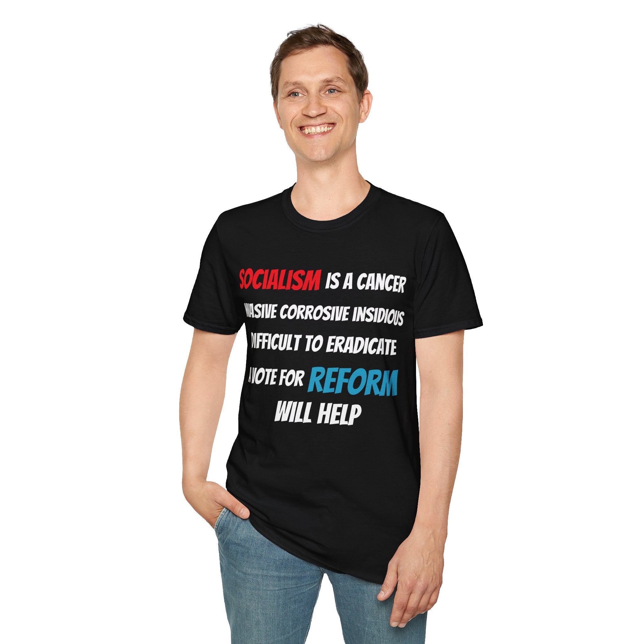Person wearing a black t-shirt with a political message on a white background