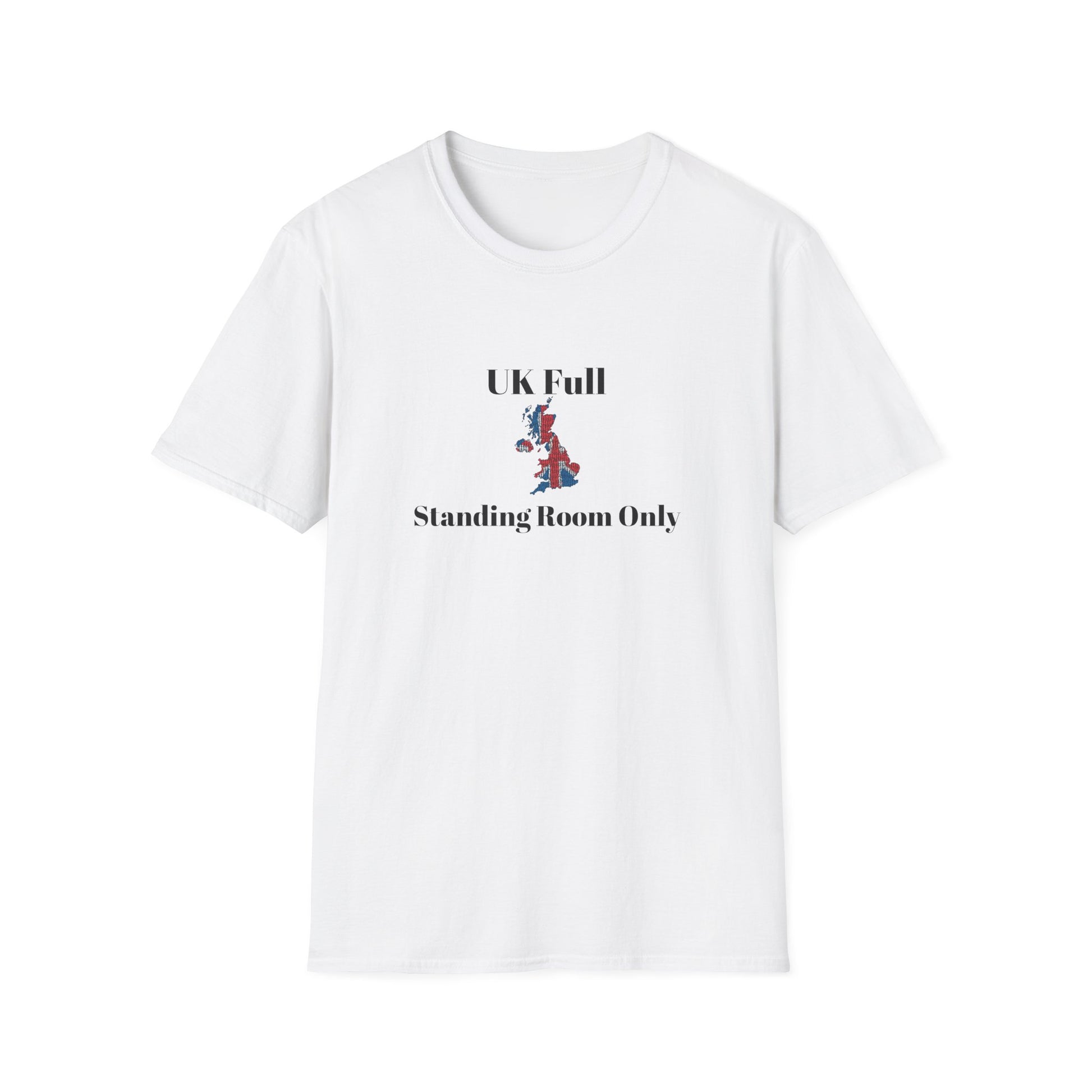 White t shirt with a bold UK outline packed tight in Union Jack colours, text reads UK full, standing room only