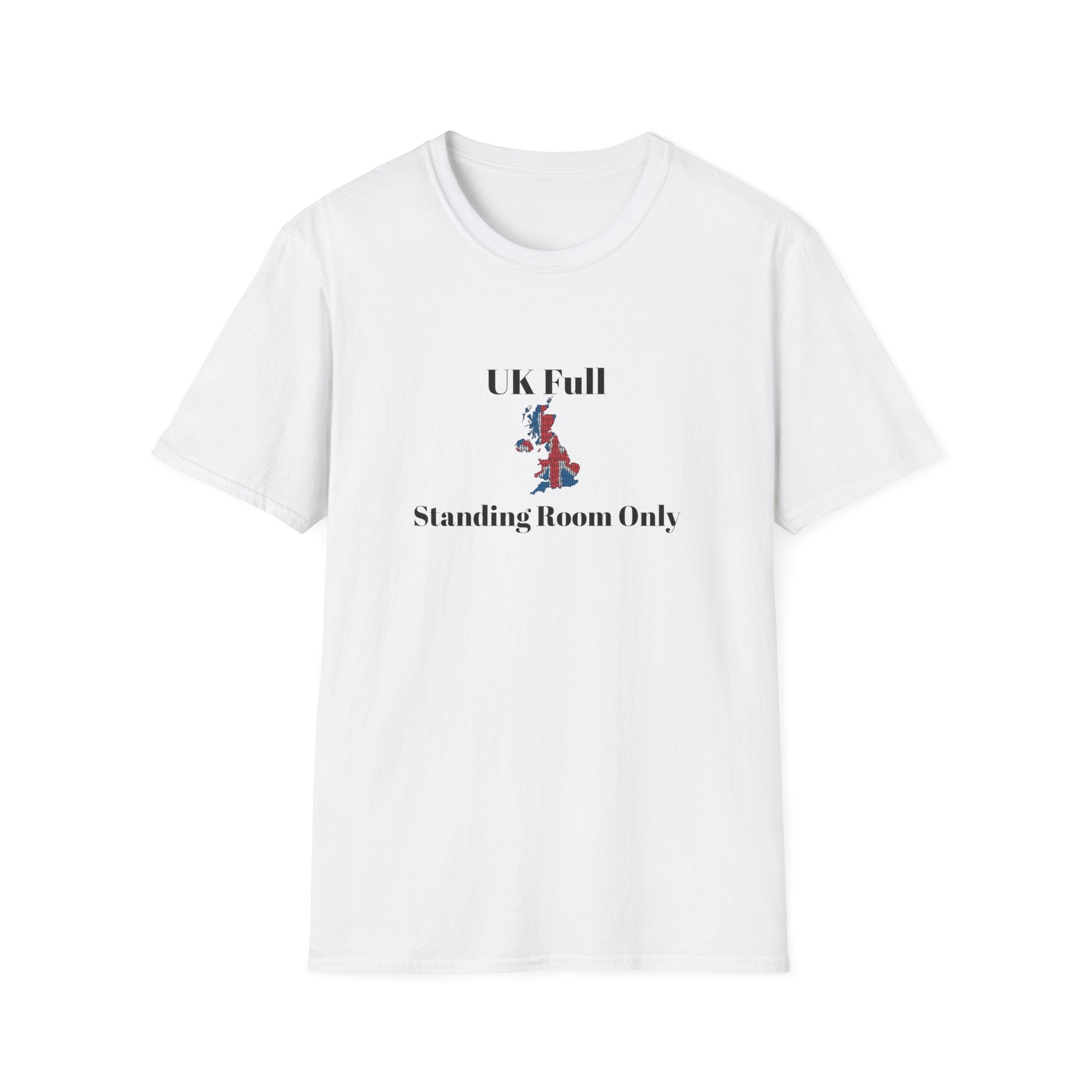 White t shirt with a bold UK outline packed tight in Union Jack colours, text reads UK full, standing room only