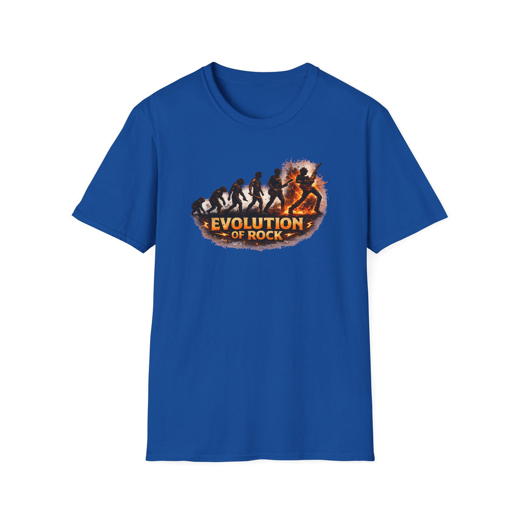 Blue t-shirt with 'Evolution of Rock' graphic on a white background