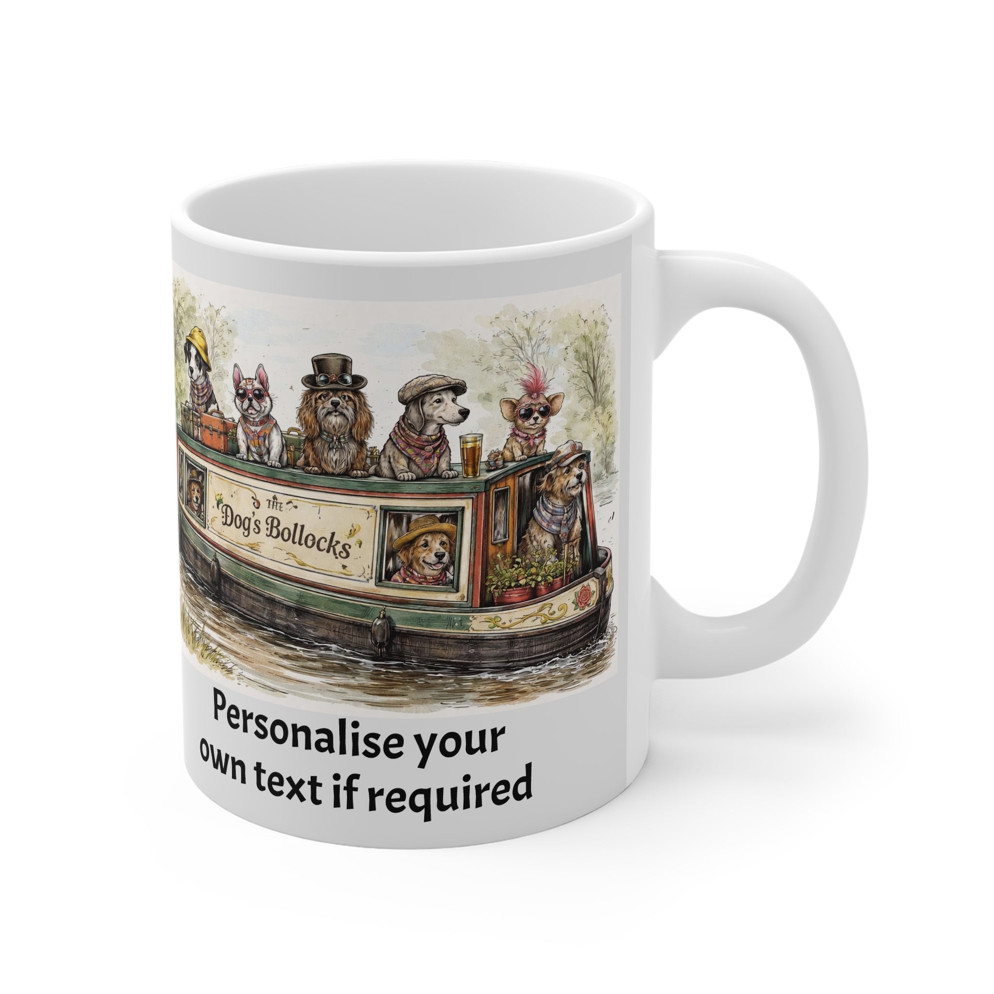 Personalise A Day on the Canal with Friends – Narrowboat “The Dog’s Bollocks” Mug | Eccentric Dogs Canal Art Printify