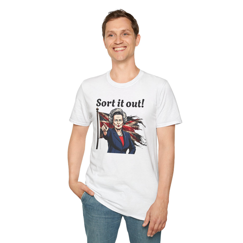 Person wearing a white t-shirt with a graphic of Margaret Thatcher holding a Union Jack and the text 'Sort it out!' on a white background.
