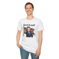 Person wearing a white t-shirt with a graphic of Margaret Thatcher holding a Union Jack and the text 'Sort it out!' on a white background.