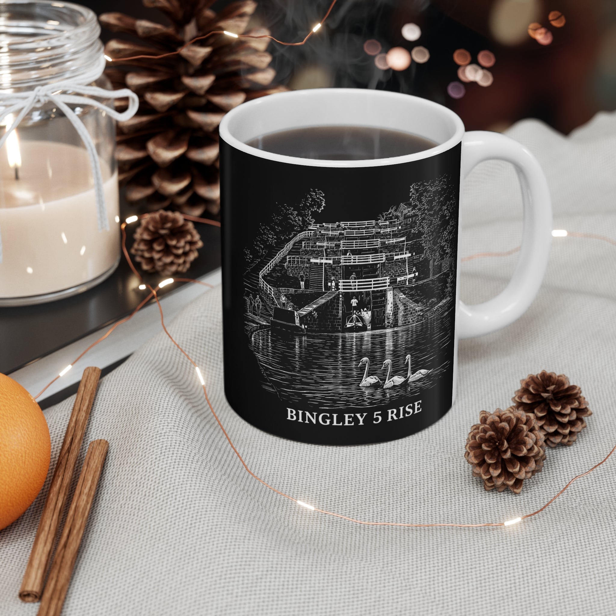 Historic Bingley 5 Rise Locks Mug — Scenic Canal Lock Illustration Coffee Cup