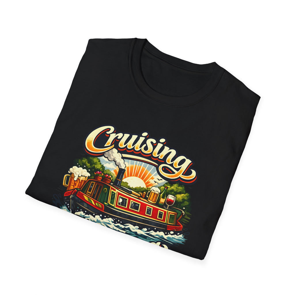 Black t-shirt with 'Cruising' graphic design featuring a steamboat on a white background