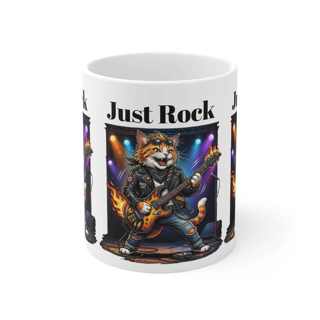 Just Rock Cat Guitar Mug — Funny Rocker Cat Coffee Cup Printify