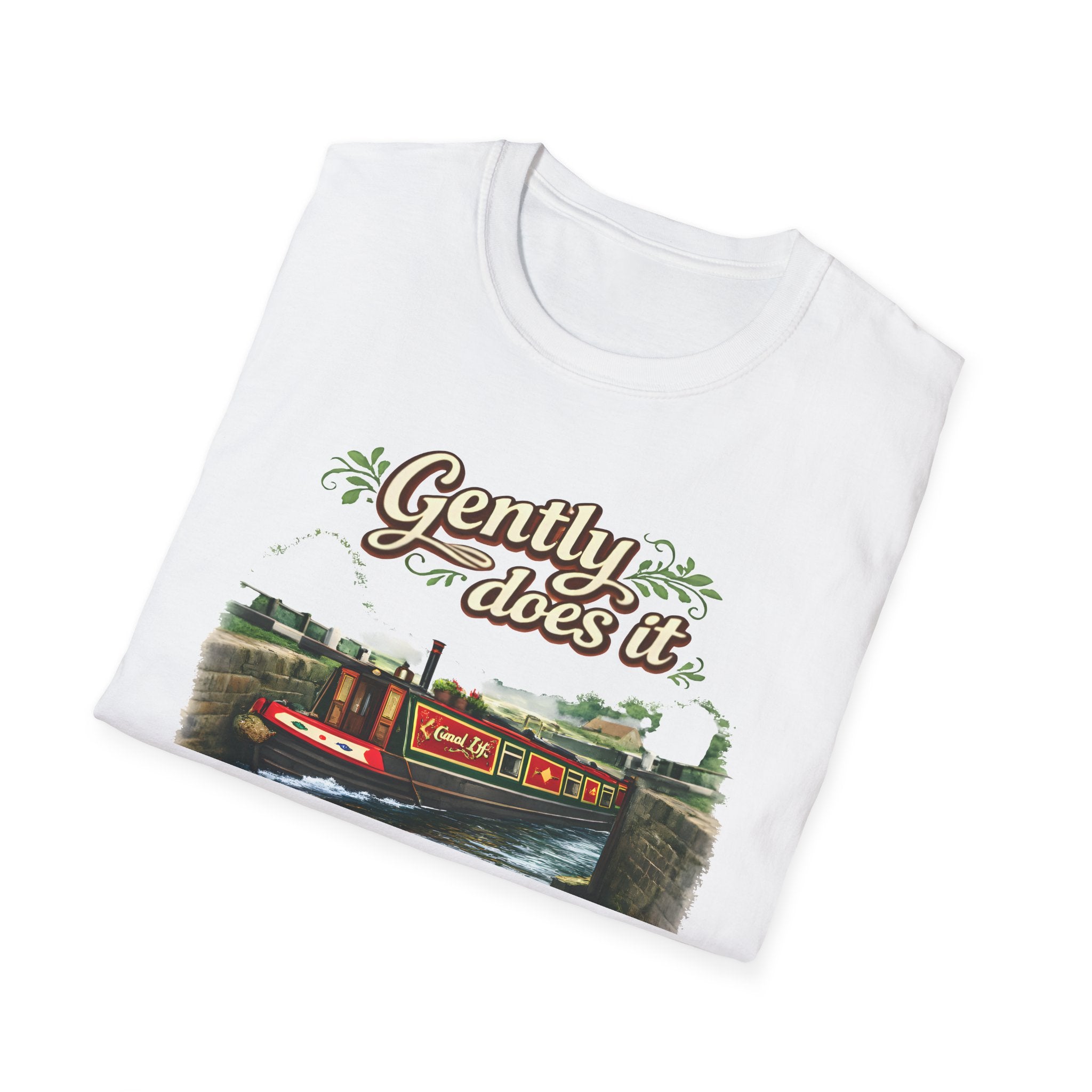 T-Shirt — "Gently Does It" Canal Boat Vintage Travel Tee Printify