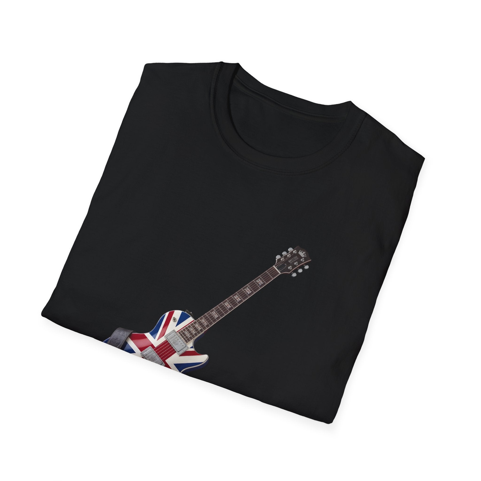 Black t-shirt with a guitar design featuring the Union Jack on a white background