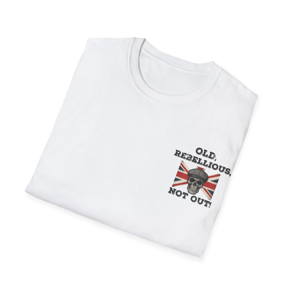Folded Smiling skull, man image on a white T-shirt with British flag pocket print that reads “Old, Rebellious, Not Out” with a skull graphic.