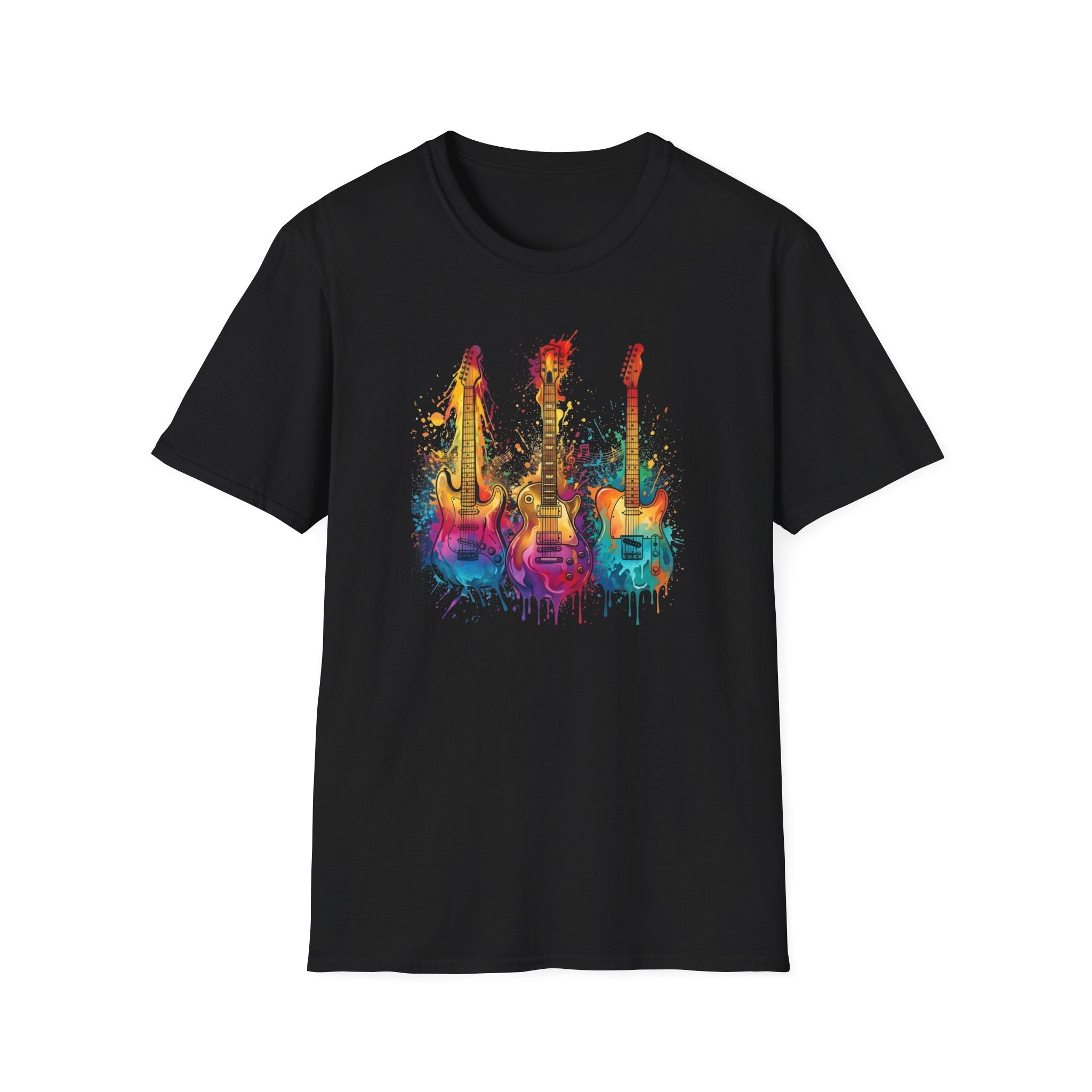Vivid Paint Splash Design Three Guitars Trio T-Shirt — Colourful  Musical Instrument Tee