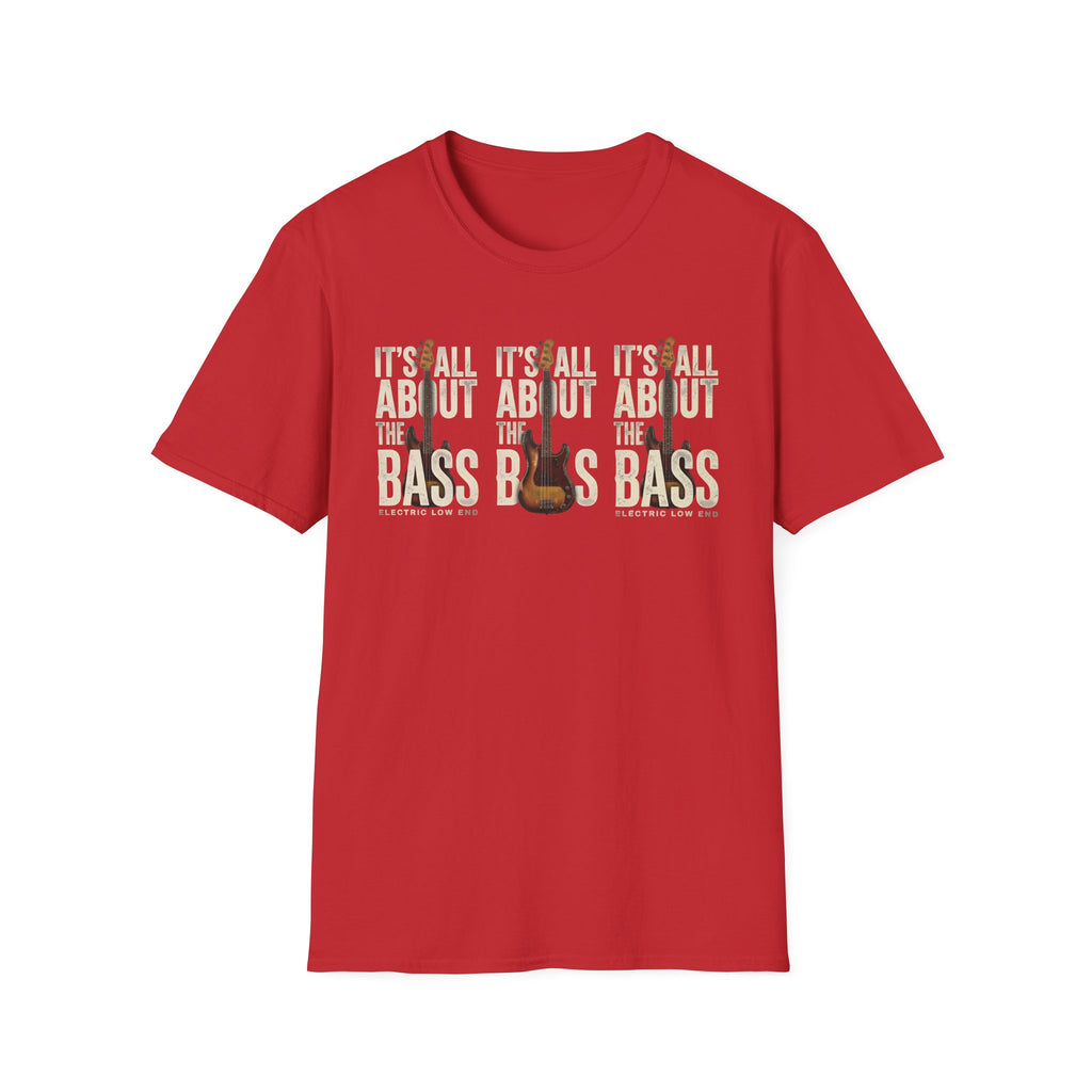 Red t-shirt with 'It's All About the Bass' text and guitar graphic on a white background